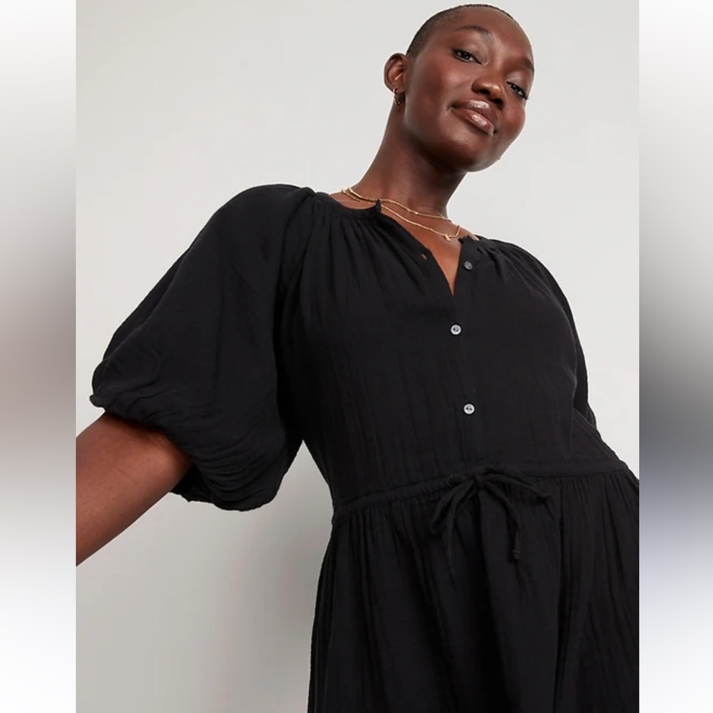 Old Navy Black Puff-Sleeve Button-Front Midi Dress